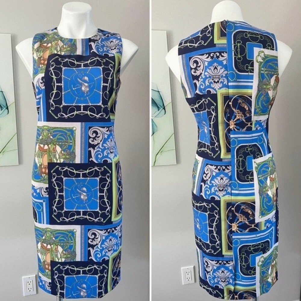 J. McLaughlin NEW Belinda Dress Heraldic Patchwork Print 4 Navy Silver Blue - Picture 2 of 8